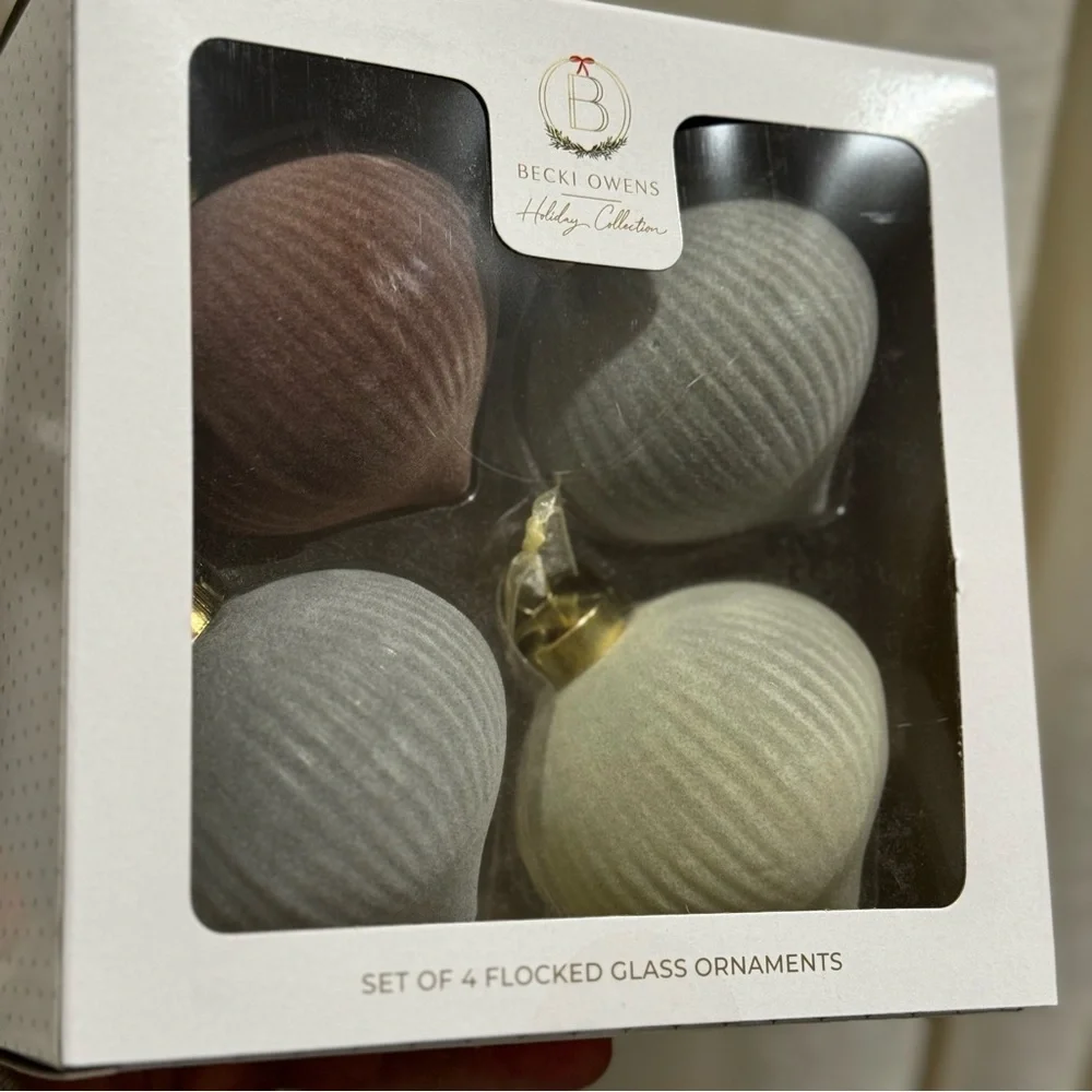 Set Of 4 Velvet Glass Flocked Tree Ornaments Becky Owens Moody Color NEW